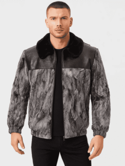 Men's Grey Persian Lamb Fur Bomber Jacket with Leather Trim