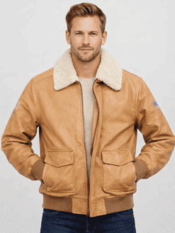 Men’s Wheat US Flag Flight Pilot Leather Jacket